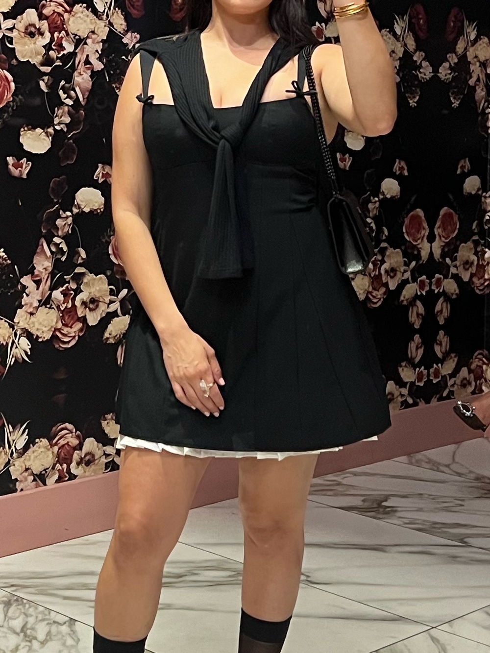 Like New Oh Polly Black Mini Dress with Bows and Cream Pleated Hem Size US 6